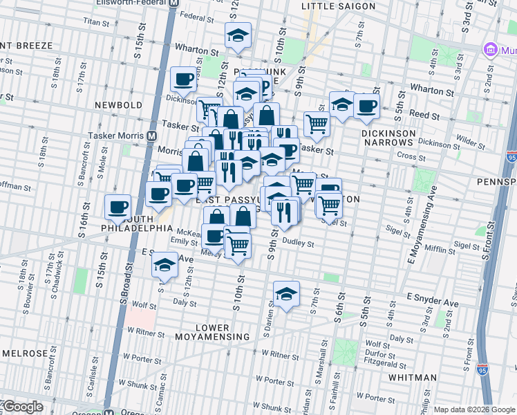 map of restaurants, bars, coffee shops, grocery stores, and more near 1803 South 10th Street in Philadelphia
