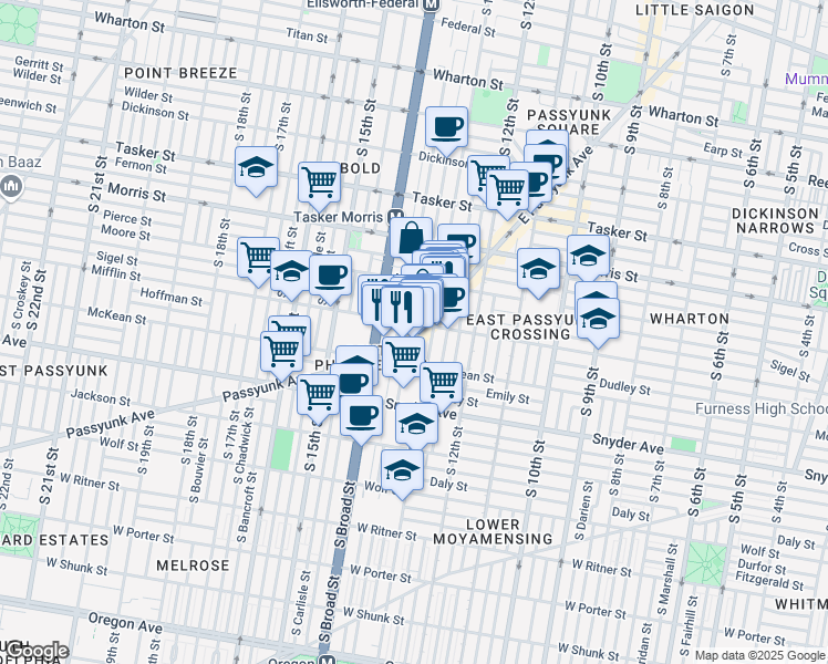 map of restaurants, bars, coffee shops, grocery stores, and more near 1326 Sigel Street in Philadelphia