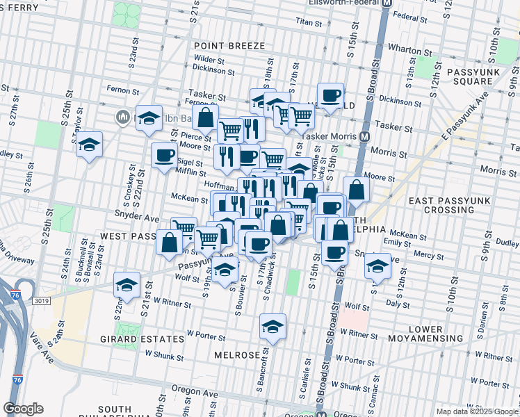 map of restaurants, bars, coffee shops, grocery stores, and more near in Philadelphia