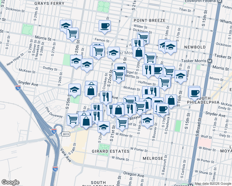 map of restaurants, bars, coffee shops, grocery stores, and more near in Philadelphia