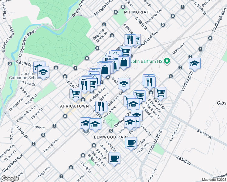 map of restaurants, bars, coffee shops, grocery stores, and more near 2280 South 62nd Street in Philadelphia