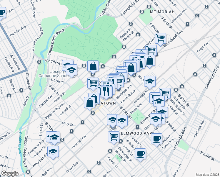 map of restaurants, bars, coffee shops, grocery stores, and more near 2120 South 64th Street in Philadelphia