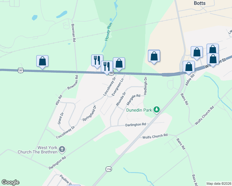 map of restaurants, bars, coffee shops, grocery stores, and more near 101 Evergreen Lane in York