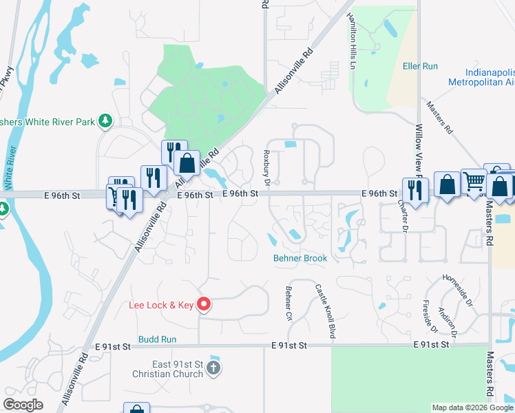 map of restaurants, bars, coffee shops, grocery stores, and more near 6100 East 96th Street in Indianapolis