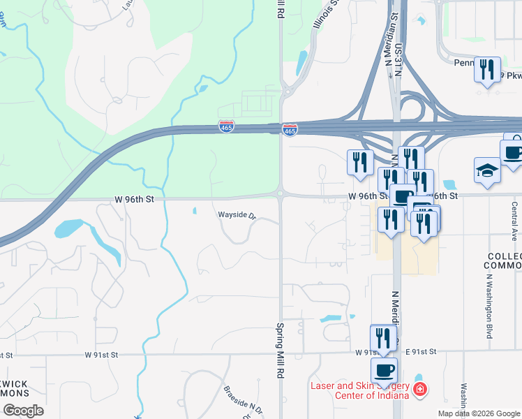 map of restaurants, bars, coffee shops, grocery stores, and more near 9515 Copley Drive in Indianapolis