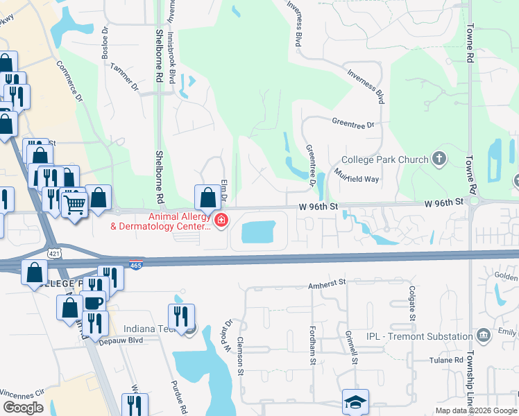 map of restaurants, bars, coffee shops, grocery stores, and more near 3135 Fairway Drive in Carmel
