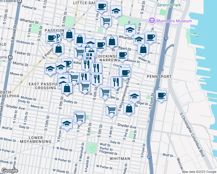map of restaurants, bars, coffee shops, grocery stores, and more near 1731 South 5th Street in Philadelphia