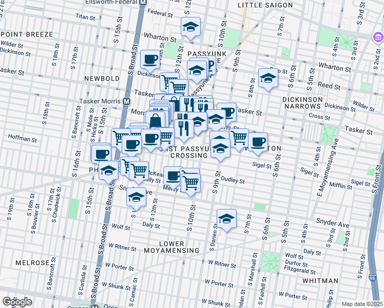 map of restaurants, bars, coffee shops, grocery stores, and more near 1820 South Alder Street in Philadelphia
