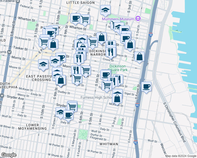 map of restaurants, bars, coffee shops, grocery stores, and more near 1731 South 5th Street in Philadelphia