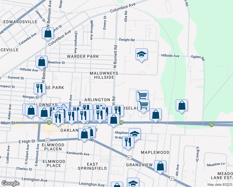 map of restaurants, bars, coffee shops, grocery stores, and more near 408 North Burnett Road in Springfield