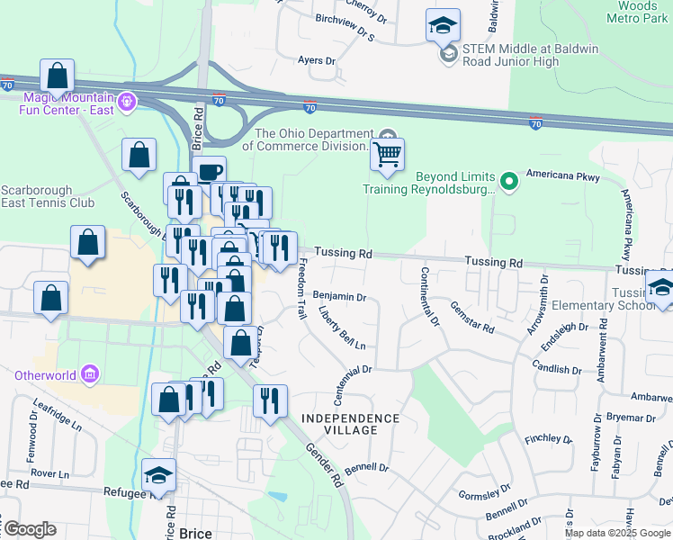 map of restaurants, bars, coffee shops, grocery stores, and more near 2760 Flag Lane in Reynoldsburg