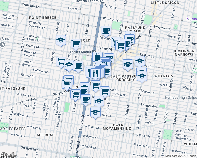 map of restaurants, bars, coffee shops, grocery stores, and more near 1906 East Passyunk Avenue in Philadelphia