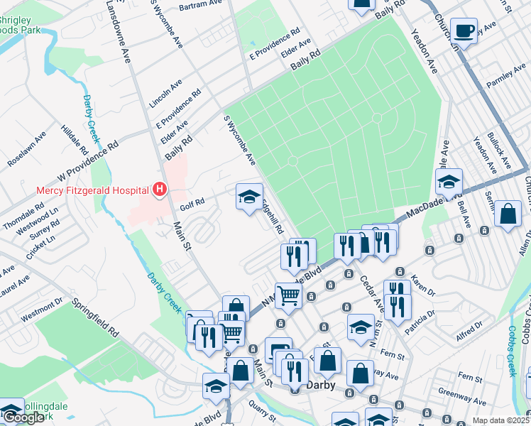 map of restaurants, bars, coffee shops, grocery stores, and more near 1328 Edgehill Road in Darby