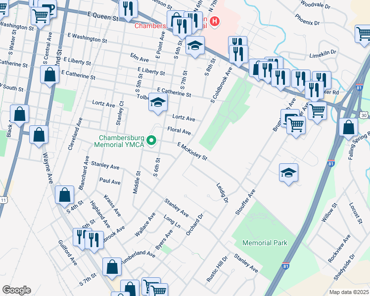 map of restaurants, bars, coffee shops, grocery stores, and more near 712 East McKinley Street in Chambersburg
