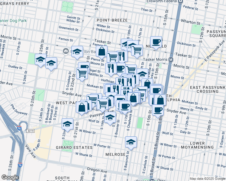 map of restaurants, bars, coffee shops, grocery stores, and more near 1844 Dudley Street in Philadelphia