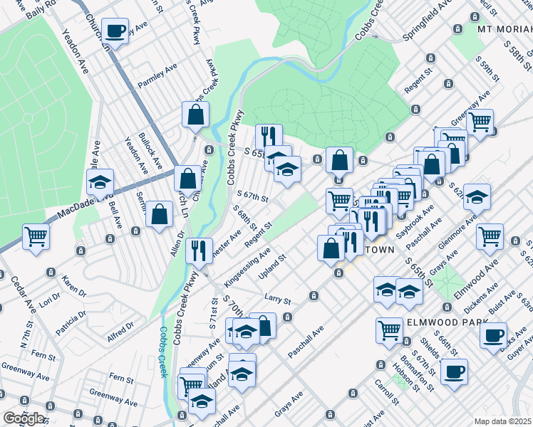 map of restaurants, bars, coffee shops, grocery stores, and more near 6722 Chester Avenue in Philadelphia