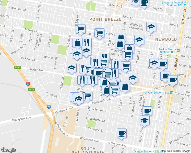 map of restaurants, bars, coffee shops, grocery stores, and more near 2035 South 22nd Street in Philadelphia