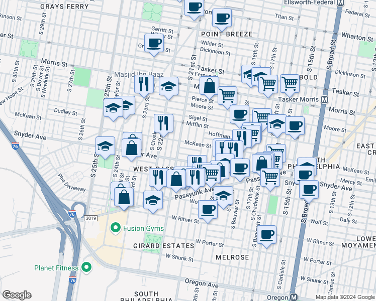 map of restaurants, bars, coffee shops, grocery stores, and more near 2038 Emily Street in Philadelphia