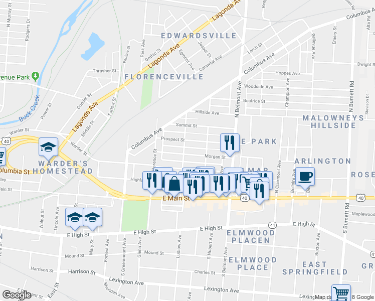 map of restaurants, bars, coffee shops, grocery stores, and more near 1660 Morgan Street in Springfield