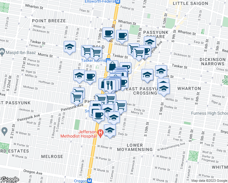 map of restaurants, bars, coffee shops, grocery stores, and more near 1904 East Passyunk Avenue in Philadelphia