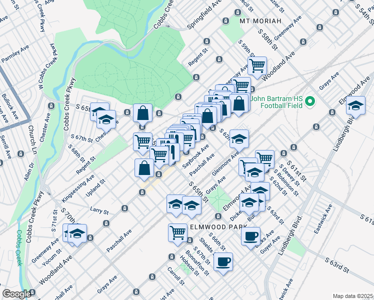 map of restaurants, bars, coffee shops, grocery stores, and more near Woodland Ave & S 64th St in Philadelphia