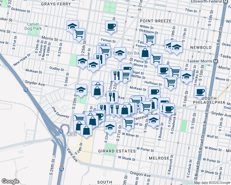 map of restaurants, bars, coffee shops, grocery stores, and more near 2035 South 22nd Street in Philadelphia