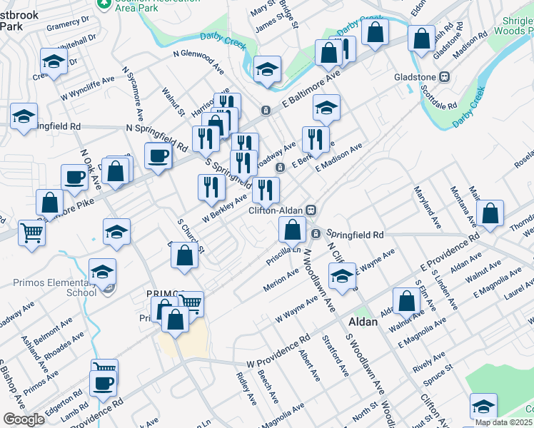 map of restaurants, bars, coffee shops, grocery stores, and more near 344 South Springfield Road in Clifton Heights