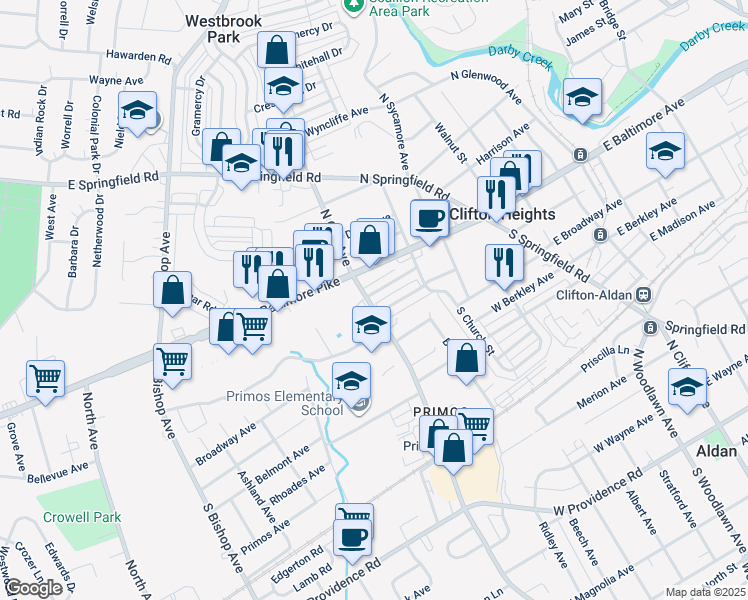 map of restaurants, bars, coffee shops, grocery stores, and more near 272 Cambridge Road in Clifton Heights