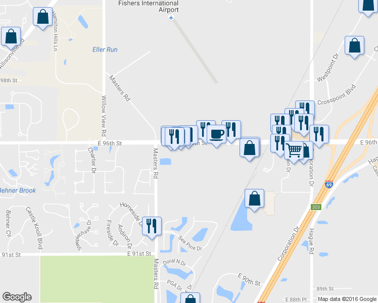 map of restaurants, bars, coffee shops, grocery stores, and more near 7105 East 96th Street in Indianapolis