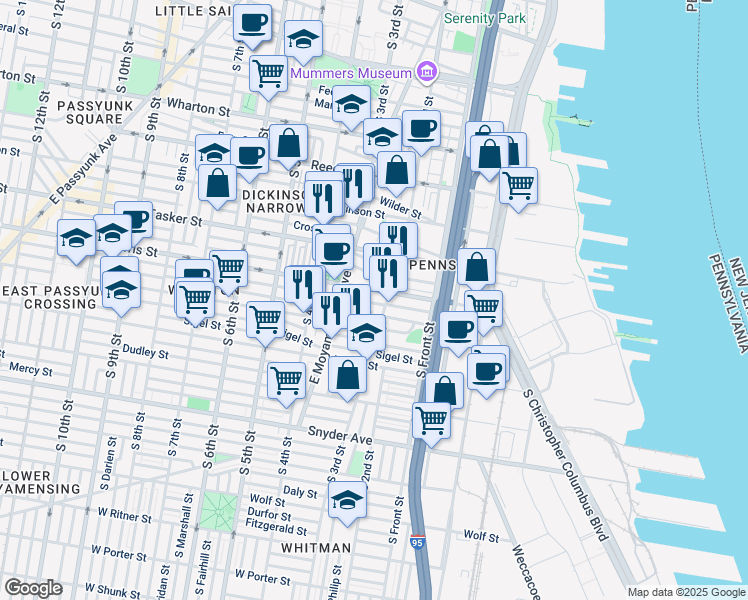 map of restaurants, bars, coffee shops, grocery stores, and more near 207 Watkins Street in Philadelphia