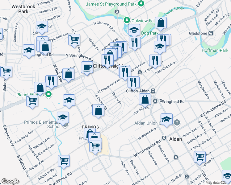 map of restaurants, bars, coffee shops, grocery stores, and more near 55 West Berkley Avenue in Clifton Heights