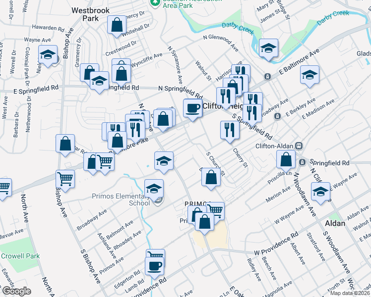 map of restaurants, bars, coffee shops, grocery stores, and more near 203 West Washington Avenue in Clifton Heights