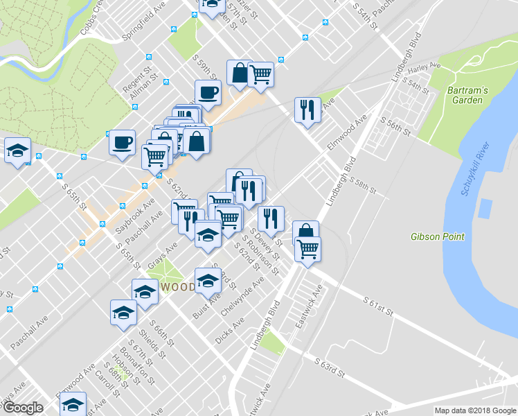 map of restaurants, bars, coffee shops, grocery stores, and more near 6039 Elmwood Avenue in Philadelphia