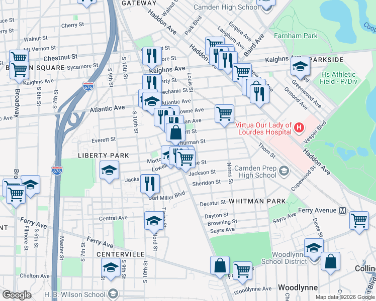 map of restaurants, bars, coffee shops, grocery stores, and more near 1179 Thurman Street in Camden