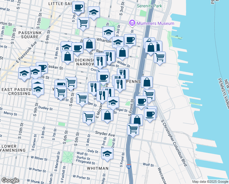 map of restaurants, bars, coffee shops, grocery stores, and more near 211 Watkins Street in Philadelphia
