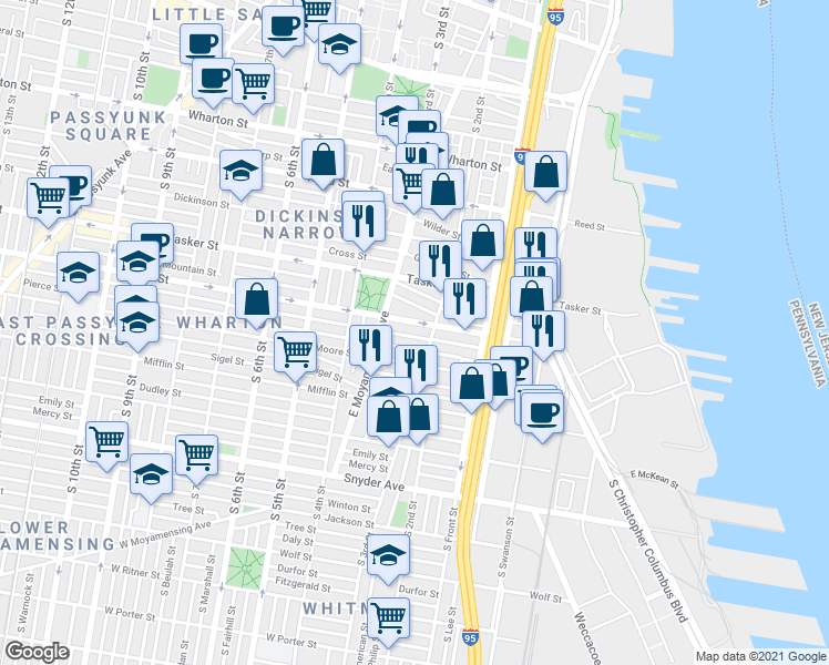 map of restaurants, bars, coffee shops, grocery stores, and more near 211 Watkins Street in Philadelphia
