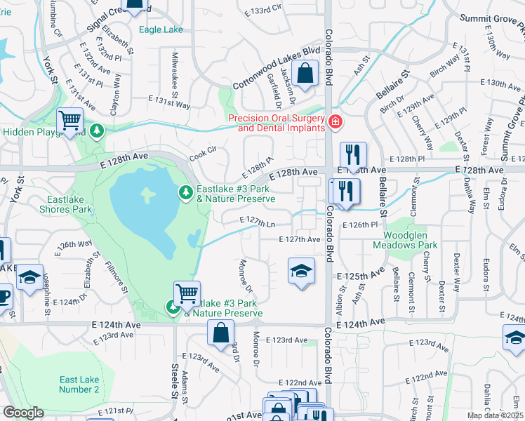 map of restaurants, bars, coffee shops, grocery stores, and more near 3834 East 127th Way in Thornton