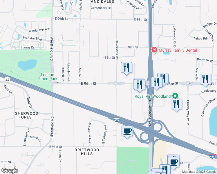 map of restaurants, bars, coffee shops, grocery stores, and more near 2711 East 96th Street in Indianapolis