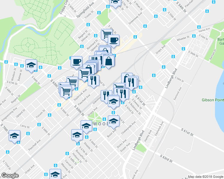 map of restaurants, bars, coffee shops, grocery stores, and more near 6164 Glenmore Avenue in Philadelphia