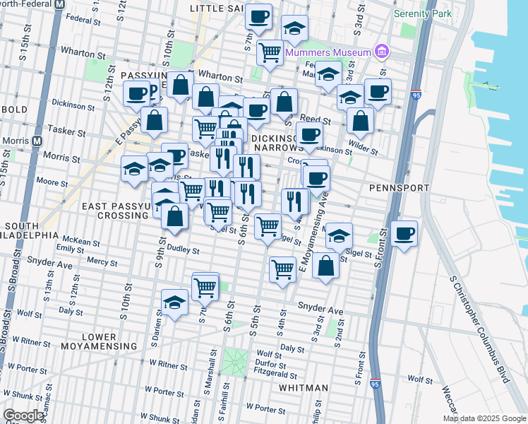 map of restaurants, bars, coffee shops, grocery stores, and more near 512 Pierce Street in Philadelphia