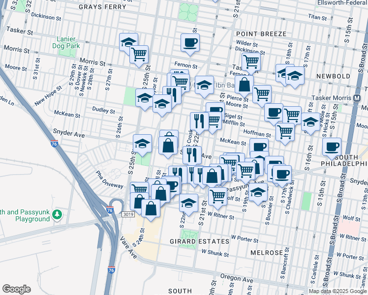 map of restaurants, bars, coffee shops, grocery stores, and more near 2043 South Hemberger Street in Philadelphia