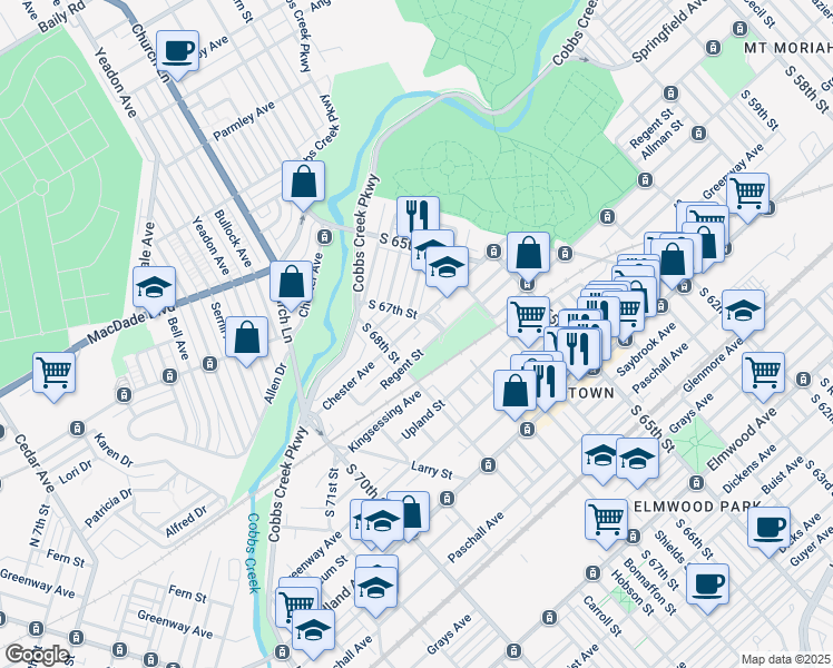 map of restaurants, bars, coffee shops, grocery stores, and more near 6718 Chester Avenue in Philadelphia