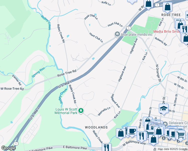 map of restaurants, bars, coffee shops, grocery stores, and more near 441 Hillendale Road in Media