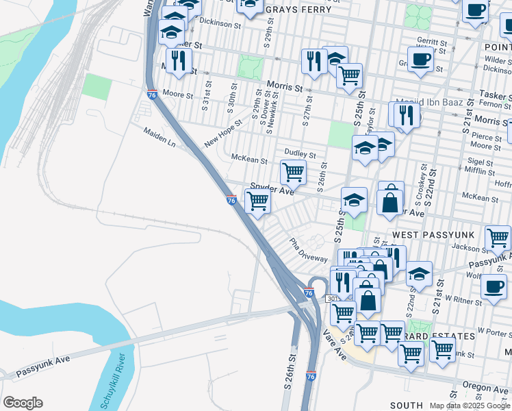 map of restaurants, bars, coffee shops, grocery stores, and more near 2820 Winton Street in Philadelphia