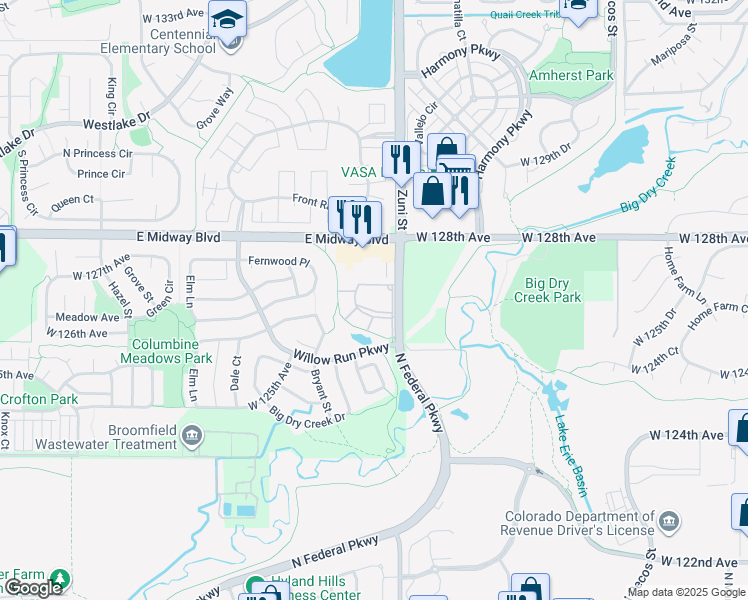 map of restaurants, bars, coffee shops, grocery stores, and more near 12621 Zuni Street in Broomfield