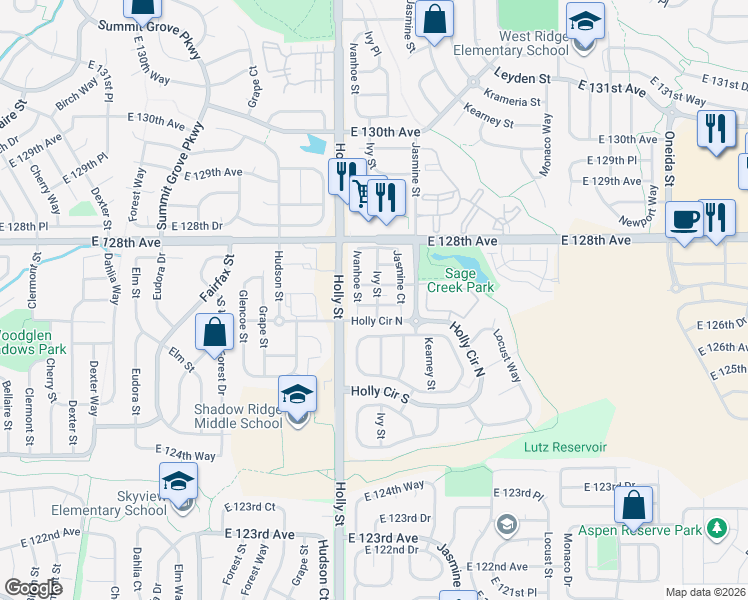 map of restaurants, bars, coffee shops, grocery stores, and more near 12769 Ivy Street in Thornton