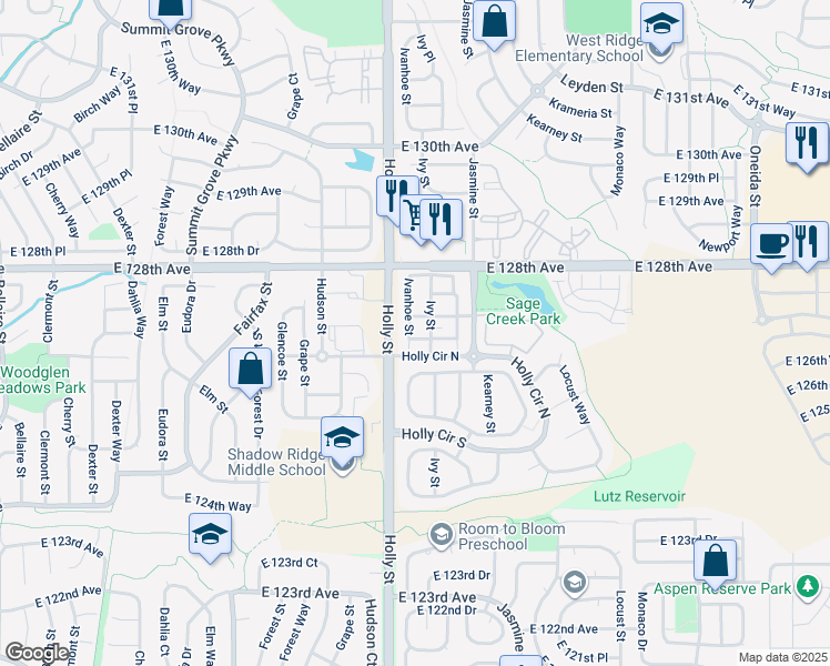 map of restaurants, bars, coffee shops, grocery stores, and more near 12769 Ivy Street in Thornton