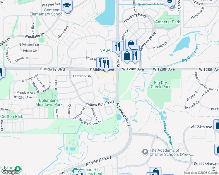 map of restaurants, bars, coffee shops, grocery stores, and more near 12621 Zuni Street in Broomfield