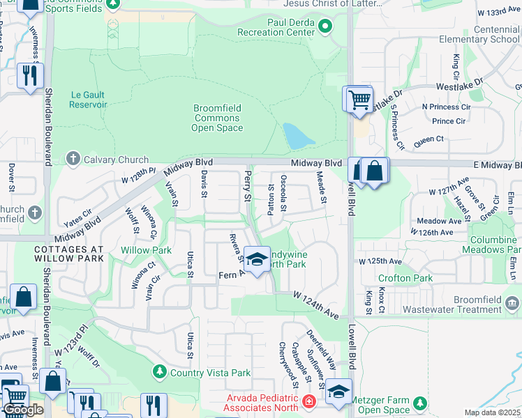 map of restaurants, bars, coffee shops, grocery stores, and more near 3979 Primrose Court in Broomfield