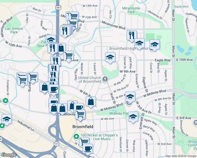 map of restaurants, bars, coffee shops, grocery stores, and more near 815 Lotus Way in Broomfield